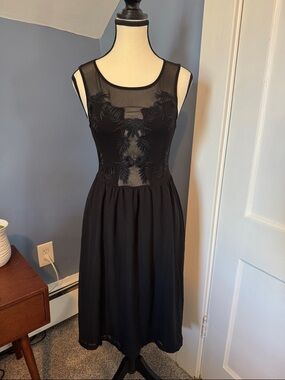 Divided Black Midi Dress with Embroidered Mesh Bodice